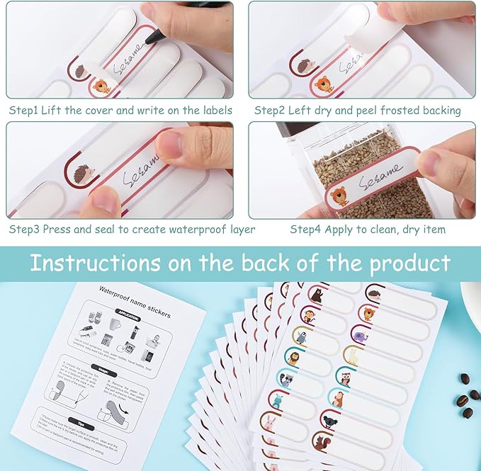 480 Pcs Baby Bottle Labels for Daycare, Waterproof Name Labels Self-Laminating, Write-on School Name Labels for Kids Name Tags Stickers(Cute Animal Style)
