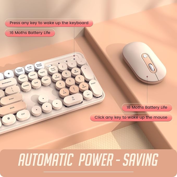 Wireless Keyboard and Mouse, Full-Sized Typewriter Keyboard Silent, Creamy | USB Full-Sized Quiet Keyboard, Cute Colorful Round Keycaps, Plug & Play, Compatible with PC, Computer, Laptop