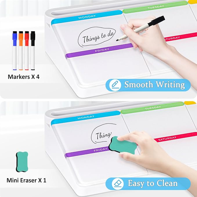 DOLLAR BOSS Glass Desk Whiteboard Calendar Small Dry Erase Board, White | Desktop White Board with Storage Drawer, Colorful Weekly Calendar, Computer Keyboard Stand, Desk Organizer, Office Supplies