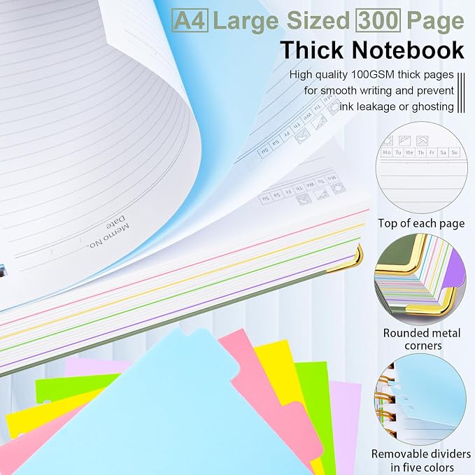 Hardcover Spiral Notebook 8.5"x11" Journal Notebook with Tabs and Removable Dividers 300 Pages 5 Subject Notebook College Ruled, Faux Leather Spiral Bound Notebook for Women School Work (Sage Green)