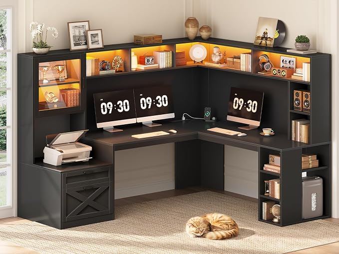 SEDETA Farmhouse L Shaped Computer Desk with Double Hutch, Storage Drawers | 68" Large L Shaped Corner Gaming Desk with LED Lights, Shelves, Display Cabinet, Power Outlet for Home Office, Black