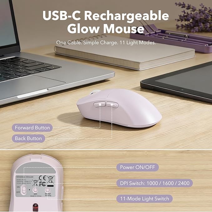Wireless Keyboard and Mouse Combo, Backlit Round Keycaps, Retro Typewriter Keyboard with Magnetic Wrist Rest, USB-C Rechargeable & Tilt Legs, 2.4GHz Cordless for Mac Windows PC (Glowing Pastel Purple)