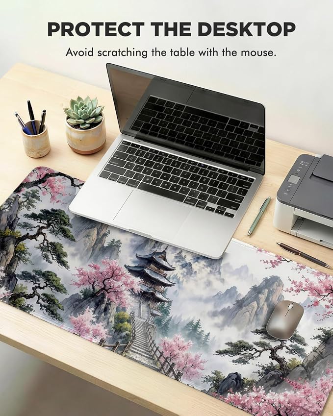 Mouse Pad, Desk Mat, 31.5x11.8in Large Mousepad, Peach Pavilion | Desk Pad with Stitched Edge & Rubber Non-Slip Bottom, Gaming Mouse Pad, Extended Mousepad for Home, Office