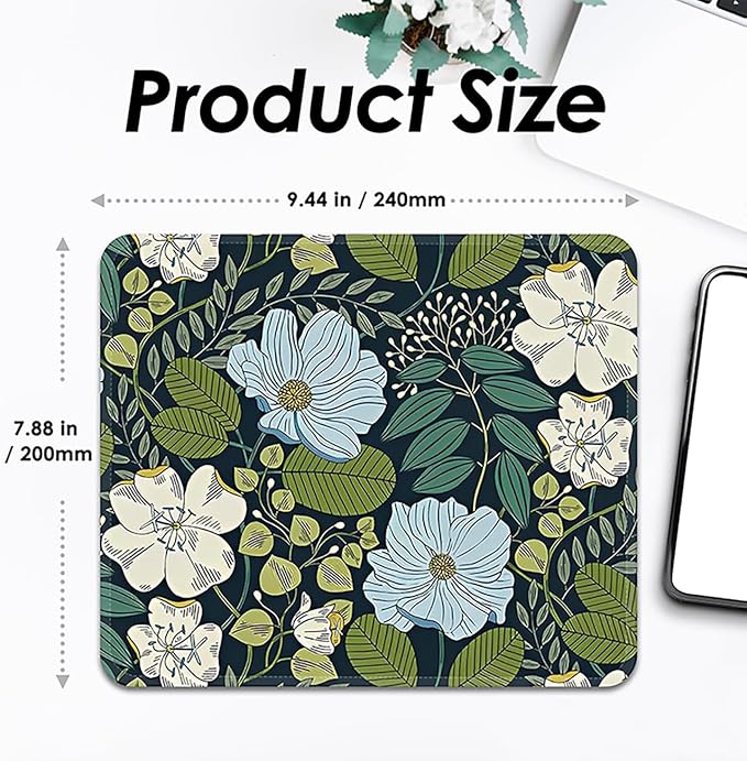 Mouse Pad with Stitched Edges - Cute Floral Mousepad for Women, 9.25 x 7.75 inch Washable Square Desk Pad, Non-Slip Rubber Base, Office Home Laptop Accessories - Olive Floral