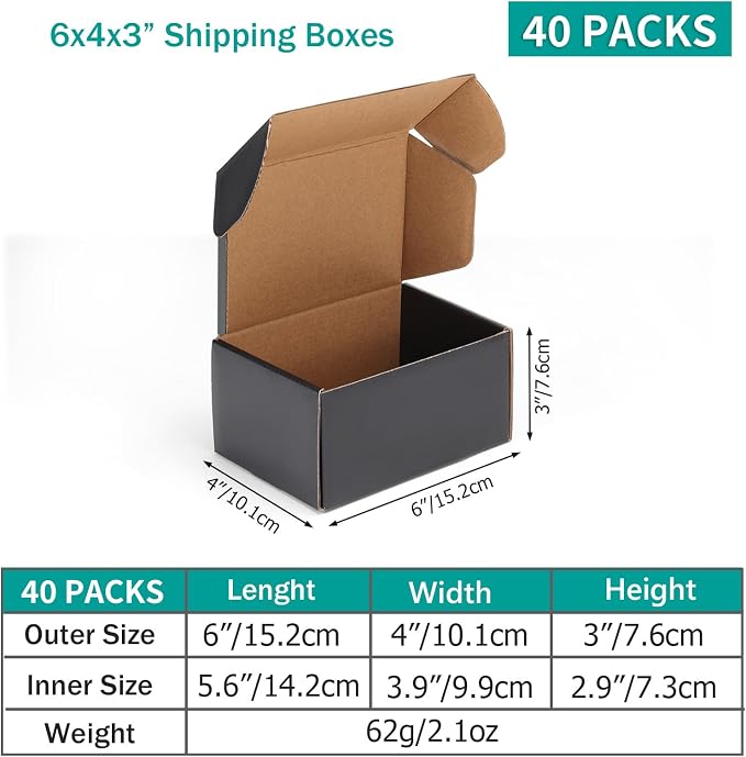 Hoikwo 40 Pack 6x4x3 Black Shipping Boxes | for Small Business, Black Packaging Cardboard Boxes, Moving Mailing Packing Box