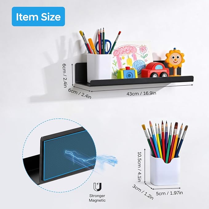 2 Pack 17" Metal Magnetic Bookshelf for Whiteboard, Strong Reusable Magnetic Display Shelf, Holds up to 12 lbs, Storage Organizer for Classroom, Kids Room, Office, Kitchen & Garage