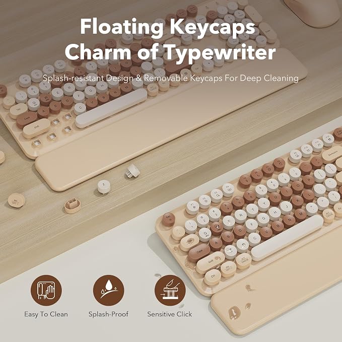 Wireless Keyboard and Mouse Combo, Round Keycaps, Full-Size Retro Typewriter-Style Keyboard with Magnetic Wrist Rest, Tilt Legs, 2.4GHz Cordless for Mac, Windows PC, Laptop, SABLUTE CK23, Latte Beige | Full-Size Retro Typewriter-Style Keyboard, Tilt Le...