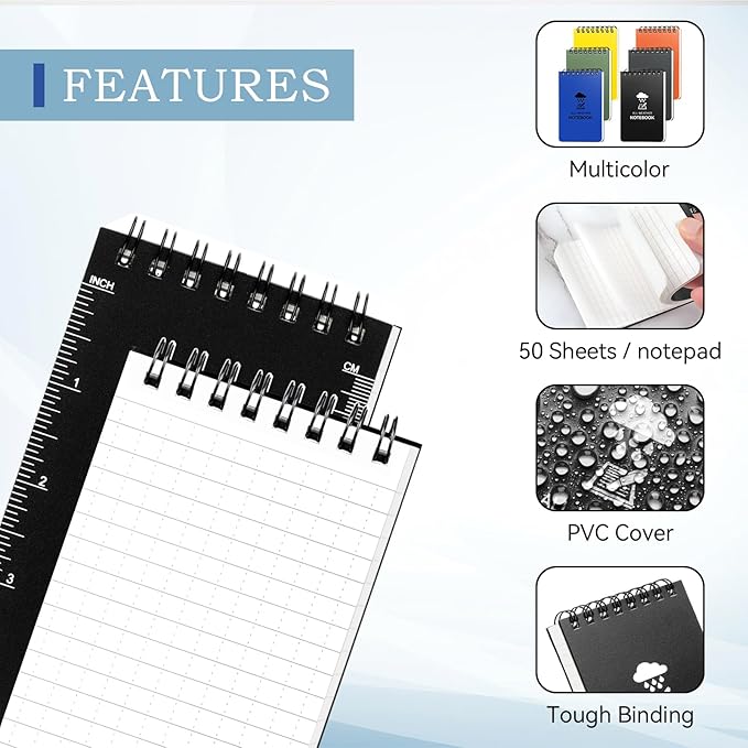 6 Pack Waterproof Notebook, 3 x 5 Pocket Notepad, Top-Spiral Weatherproof NotePad, All Weather Police Pocket Notebook Little Memo Steno Note Pads for Outdoor Office School Recording