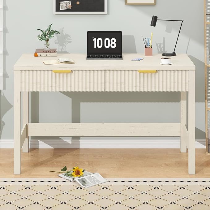 47 Inch Small Fluted Computer Desk with 2 Drawers for Bedroom, Home Office | Small Computer Desk with Storage for Bedroom, Compact Writing Study Desk for Small Spaces, Warm White