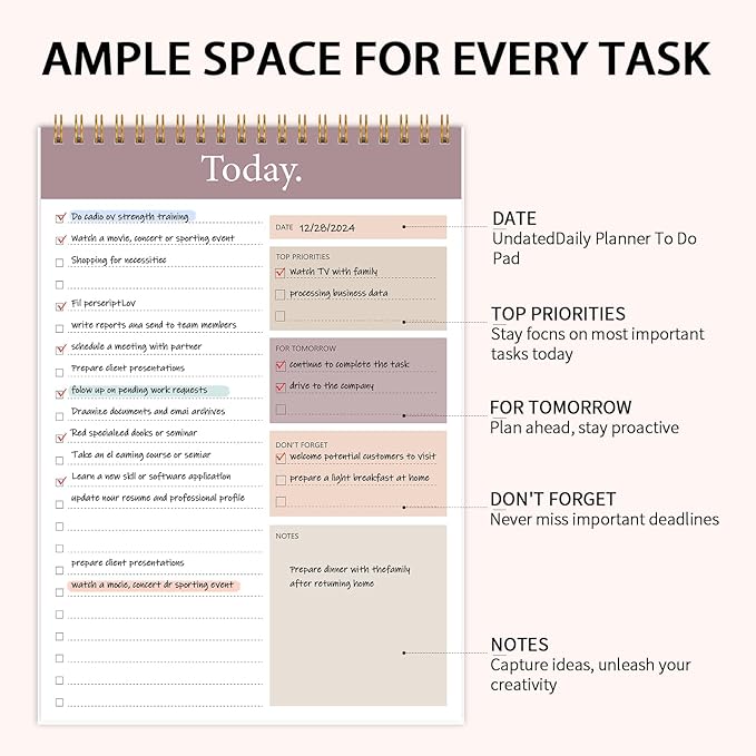 KMQOY To Do List Notepad - Daily Planner Pad Undated 52 Sheets Spiral Today Planner Note Pad Premium Thick Paper 6.5" x 9.8" For Work and Personal Organized - brown