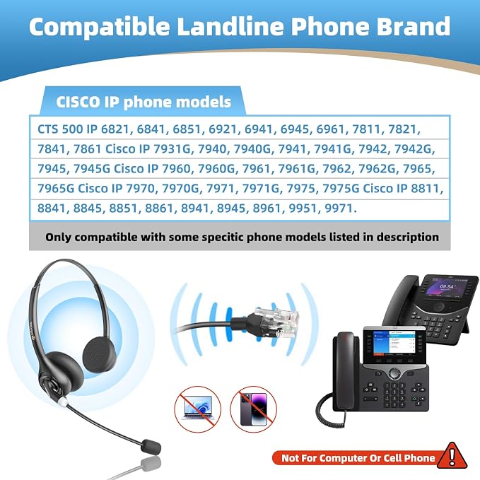 Arama Telephone Headset for Cisco Office Phones, Corded RJ9 Headset with Mic Mute&Volume Control, Lightweight, Clear Calls, Compatible with Cisco IP-7940G 8841 7841 9971(A602C)
