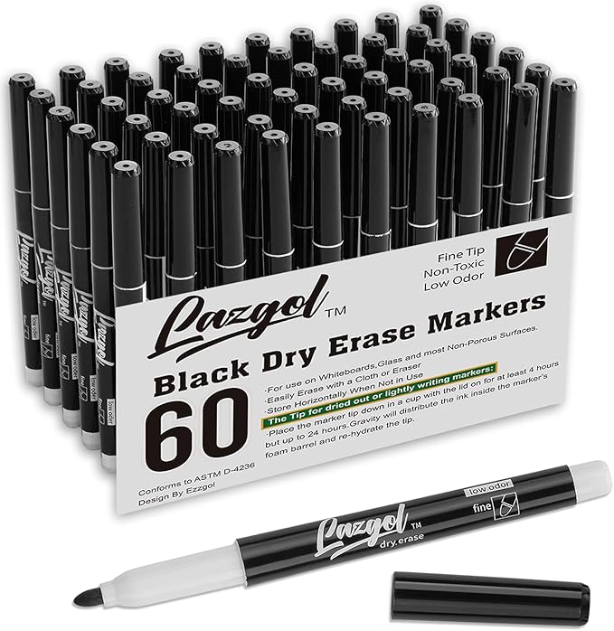 Dry Erase Markers Bulk, 60 Pack Black Low Odor Whiteboard Markers, Fine Point Dry Erase Markers Perfect for Writing on Dry Erase Whiteboard Mirror Glass for School Office Home