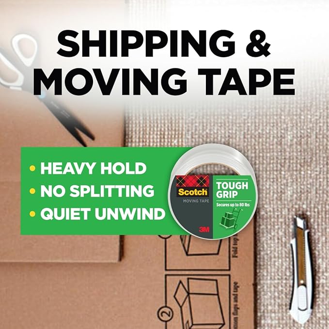Scotch Tough Grip Moving Packing Tape, Clear, Moving Tape That Secures Boxes up to 80 Pounds, 1.88 in. x 43.7 yd., 3 Tape Rolls