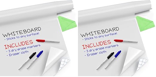 Reusable & Removable White Board Wallpaper | 1.4ft x 8ft Self Adhesive Dry Erase Contact Paper | 3 Markers & Eraser Cloth Included | for Home, Office, School & Kids Art & Decoration (Pack of 2)