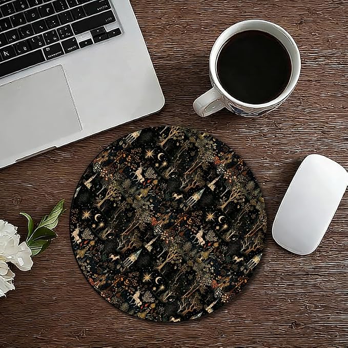 Medieval Dark Academia Witchy Round Mouse Pad, Gothic Whimsical Enchanted Forest Botanical Horse Castle Mousepad Mat for Home Office Computer Laptop Desk Accessories 7.9x7.9 in