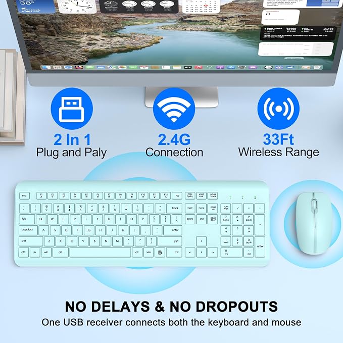 Wireless Keyboard and Mouse Combo, Full-Size Silent Ergonomic Keyboard and Optical Mouse, Long Battery Life, 2.4GHz Lag-Free Cordless Mice Keyboard for Computer, Mac, Laptop, PC, Windows(Green)