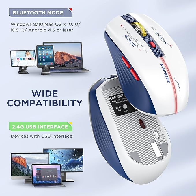 RAPIQUE Bluetooth Wireless Mouse - (BT1/BT2+USB) Tri-Mode High Performance, Rechargeable, Multi-Device Compatible with PC/Laptop/Computer/MacBook/iPad Air Pro (Blue and White)