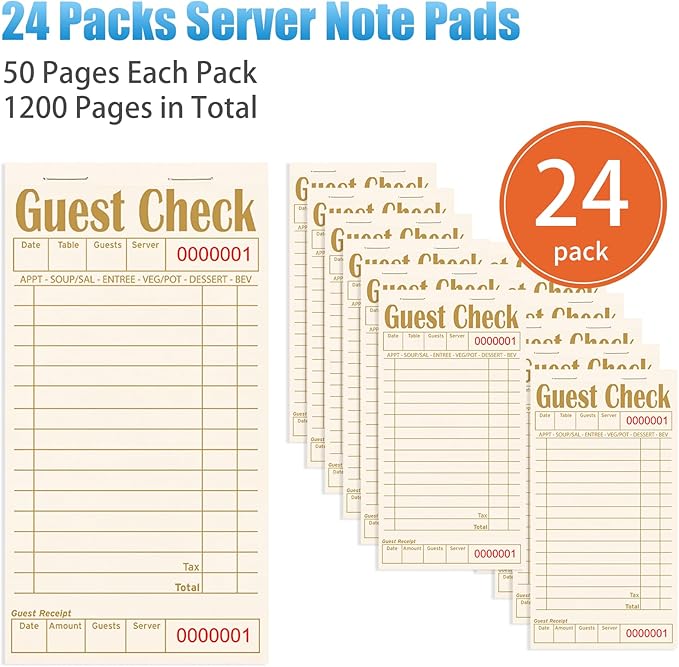 Guest Checks Books for Servers, Server Note Pads, 24 Pack, Natural Color Paper, Waitress Notepad for Restaurants, Waitress Accessories, 1200 Sheets, Coffee