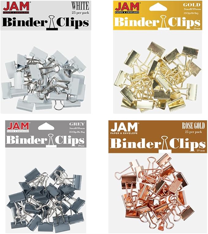 JAM PAPER Colorful Binder Clips Assortment - Small - 3/4 Inch (19 mm) - Assorted Business Colors - 100 Binderclips/Pack