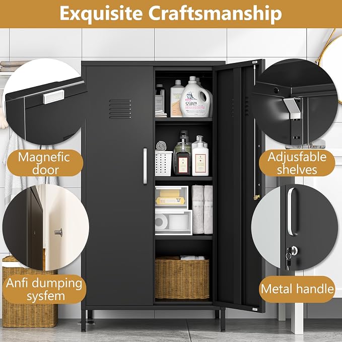 Metal Storage Locker,47" H Home Office Storage Lockers for Employees with 2 Locking Door ＆ 3 Adjustable Shelves,File Storage Cabinets forGarage, School, Office, Gym (Black)