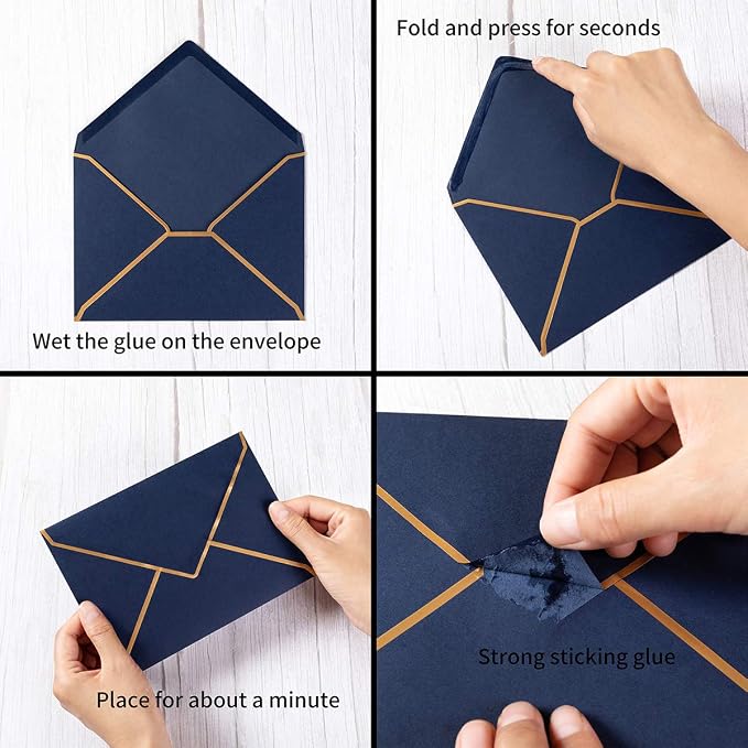 50 Pack A6 Envelopes Navy Blue 4x6 with Gold Border, 4.75x6.5 | Self-Adhesive, V Flap, For Wedding, Graduation, Baby Shower, Parties, Invitations