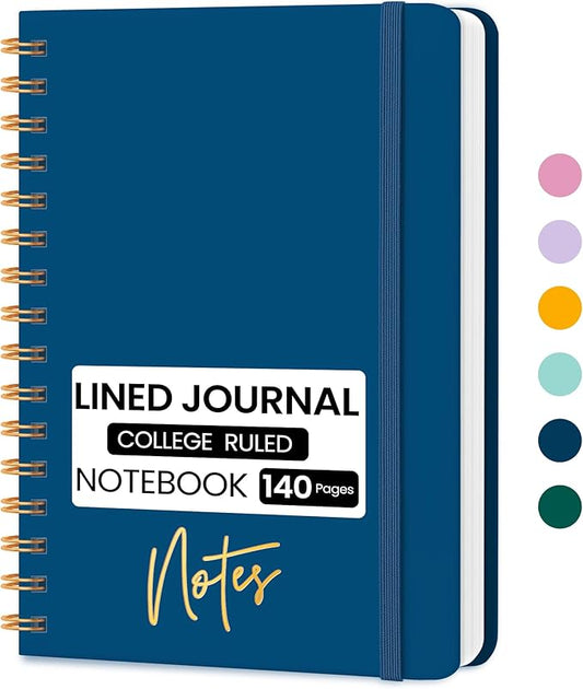 Lined Spiral Journal Notebook, A5 College Ruled Notebook for Journaling, Note-Taking, and Daily Planning, Durable Hardcover with an Elegant Design, Navy