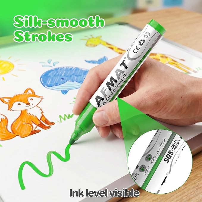AFMAT Dry Erase Markers, 3x High Capacity, Liquid Bullet Tip Whiteboard Markers with Visible Ink Level, Low Odor Erasable Markers for Teachers, Classroom Essentials, Office Supplies[1 Colors, 12 Pack]