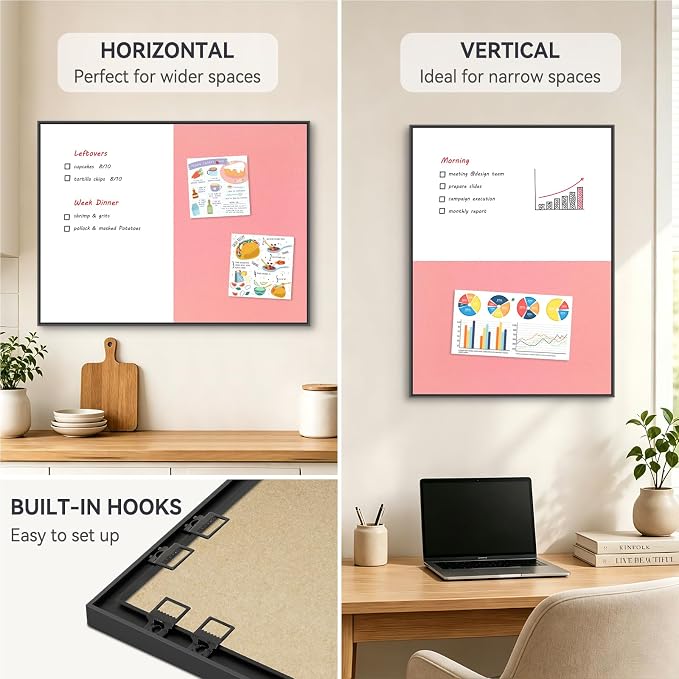 Whiteboard Bulletin Board Combo, 24"x18" Dry Erase Linen Cork Board | Magnetic, Black Aluminum Frame, Pink Linen Pin Board, Wall Mount, Vertical & Horizontal, for Home Office Kitchen Dorm