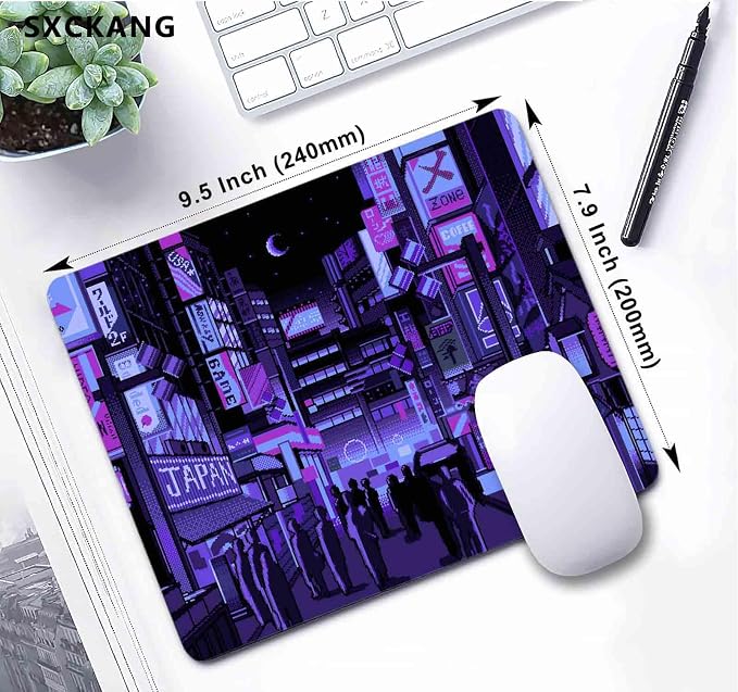 Purple Anime Mouse Pad, Retro Vaporwave Mousepad, Square Premium Texture Japanese Cute Mice Pad Design for Office Work Home, Small Mouse Mat for Computer Laptop, Neon Tokyo Street Pixel Art