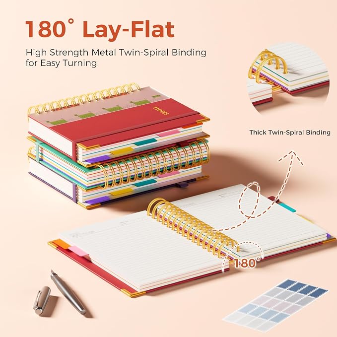 XYark A5 Hardcover Spiral Notebook, 6.3"x8.5" College Ruled Notebooks with Removable Dividers Tabs & Ruler, 5 Subject Notebook 300 Pages, Small Lined Journal for Women Men School Work Office, Red