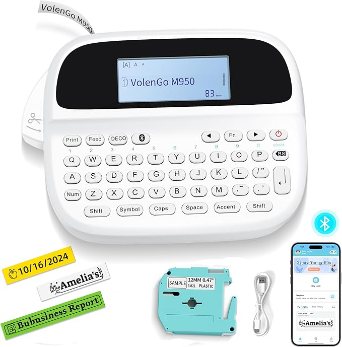 Label Maker Machine with Tape, Rechargeable Backlit Bluetooth Labelmaker, Replacement for Ptouch Label Maker Machine, M950 12mm Inkless Label Printer, Teacher School Office Supplies