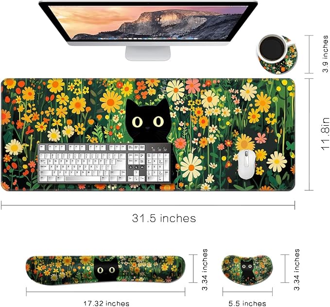 Desk Mat, Large Gaming Mouse Pad with Wrist Rest, 4 in1 XXL Mouse pad+Keyboard Wrist Rest+Mouse Pad Wrist Support+Cup Coaster Set, Ergonomic Desk Pad for Home Office,Floral Cat