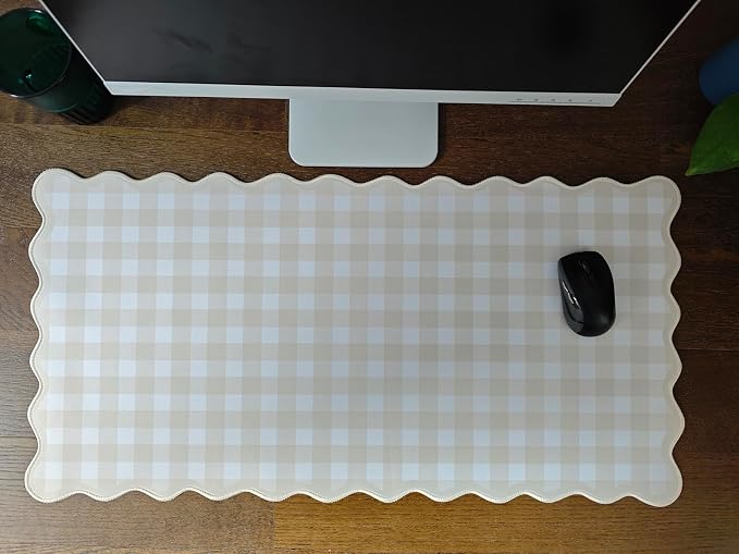 Scalloped‌ Beige Checkered Gingham Desk Mat Cute Pastel Large Mouse Pad Kawaii Cottagecore ‌Vintage‌ Rustic Keyboard Pad Computer Mat for Desktop Aesthetic Cozy Office Desk Decor