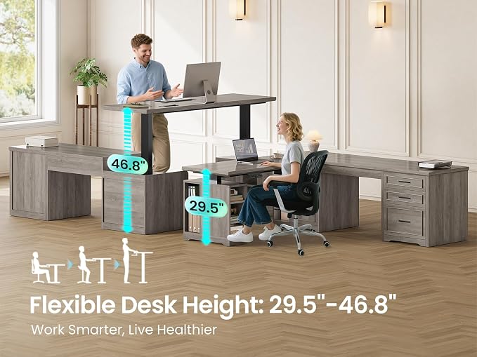 SEDETA Farmhouse L Shaped Standing Desk with Storage for Home Office (Grey) | 63" x 67" Height Adjustable Executive Desk, L Shaped Desk, Computer Desks with Power Outlet