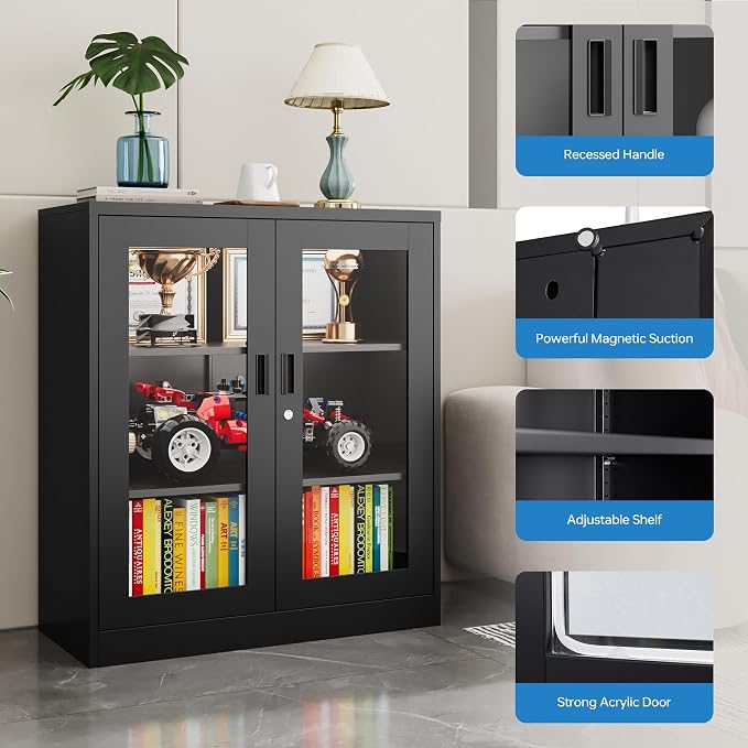 PEUKC Storage Cabinet with 2 Adjustable Shelves, 35.4 Inches Metal Curio Display Cabinet with 2 Acrylic Doors, Locking Glass Display Case for Home, Office, Pantry, Assemble Required (Black)