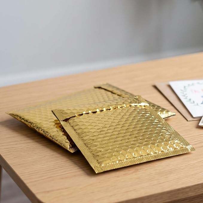 100 PCS 5 x 6 Inch Metallic Bubble Mailers, Gold Padded Mailing Envelopes | GINLANK Practical Self Seal Aluminum Film Shipping Envelopes for Packing, Mailing