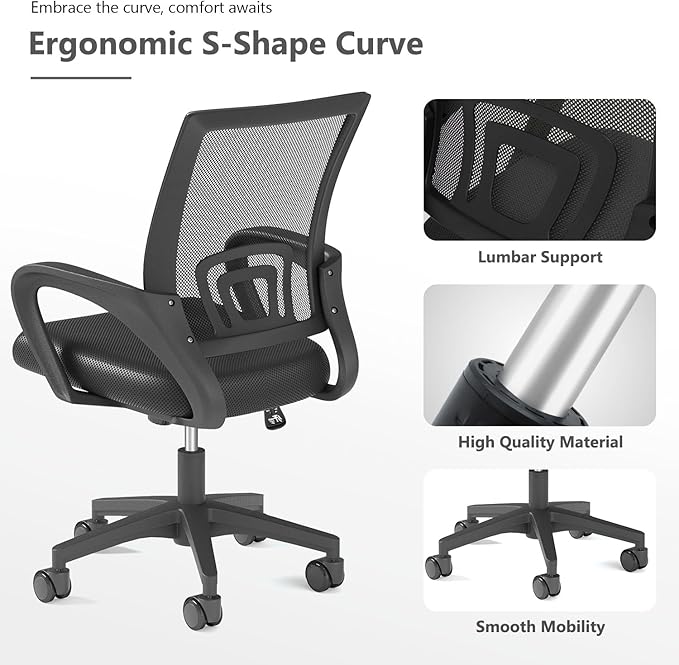 Home Office Chair, Ergonomic Mid-Back Mesh Desk Chair with Lumbar Support, Adjustable Swivel Rolling Design, Comfy Armrest for Work, Study, Gaming, Vanity, Black