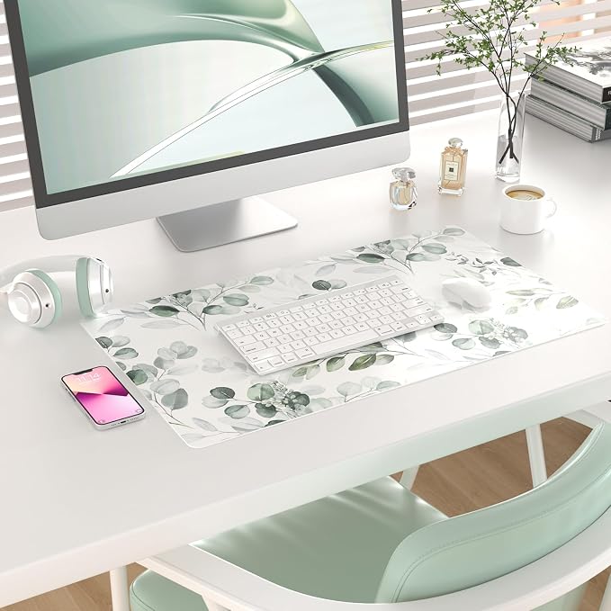 Colorful Star Large Mouse Pad, PU Leather Waterproof Desk Mat, Computer Gaming Mouse Pad, XXL Full Extended Mousepad Non Slip Desk Pad for School Office Home 23.6" x 13.8" - Soft Eucalyptus