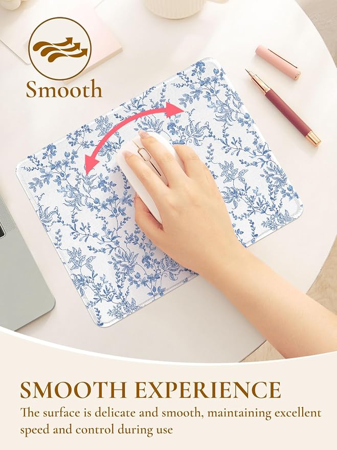 Elegant Blue Flowers Mouse Pad, Waterproof Aesthetics Floral Mouse Pads Design, Non-Slip Rubber Base Computer Simple Funny Mousepad,Small Mouse Mat Desk Accessories Office Supplies
