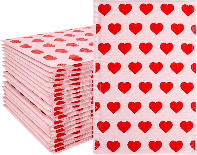 Whaline 50Pcs Valentine Bubble Mailers Red Heart Poly Padded Envelope Self Seal Mailer Bag For Small Business Boutique Packaging Mailing Makeup Clothes Document, 6 x 9 Inch