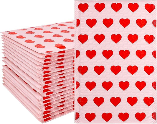 Whaline 50Pcs Valentine Bubble Mailers Red Heart Poly Padded Envelope Self Seal Mailer Bag For Small Business Boutique Packaging Mailing Makeup Clothes Document, 6 x 9 Inch