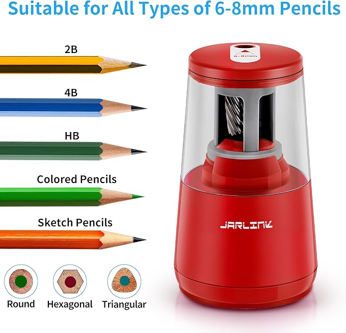 JARLINK Electric Pencil Sharpener, Heavy-Duty Helical Blade to Fast Sharpen, Auto Stop for No.2/Colored Pencils(6-8mm), USB/Battery Operated in School Classroom/Office/Home (Red)