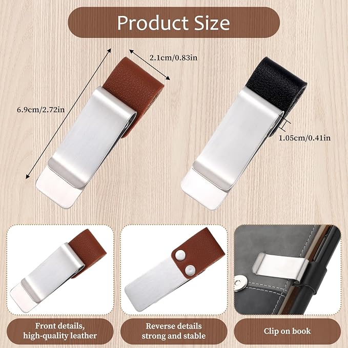 2 Pcs Pen Loop for Notebook, PU Leather Retro Pen Clips Metal Pens Loop Holder Notebook Pens Sleeve for Journal Notebooks Planner Clipboard Office (Black Silver + Brown Silver)