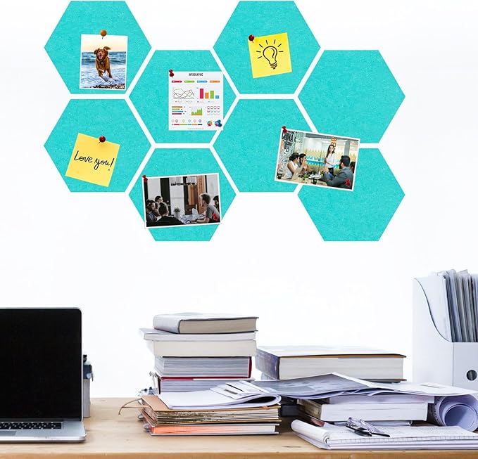Large Hexagon Felt Cork Board Tiles, Self Adhesive DIY Felt Bulletin Board Pin Board with 35 Pushpins for Office School Home Wall Decor Stickers Memos Photos Display(Teal)