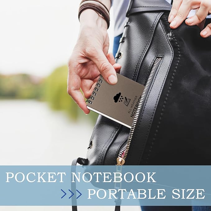 6 Pack Waterproof Notebook, 3 x 5 Pocket Notepad, Top-Spiral Weatherproof NotePad, All Weather Police Pocket Notebook Little Memo Steno Note Pads for Outdoor Office School Recording, Brown