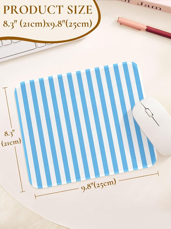 Square Cute Striped Mouse Pad with Stitched Edge, Premium Waterproof Cloth Aesthetic Small Mouse Mat, Non-Slip Rubber Base Simple Funny Mousepad Desk Accessories,Blue and White