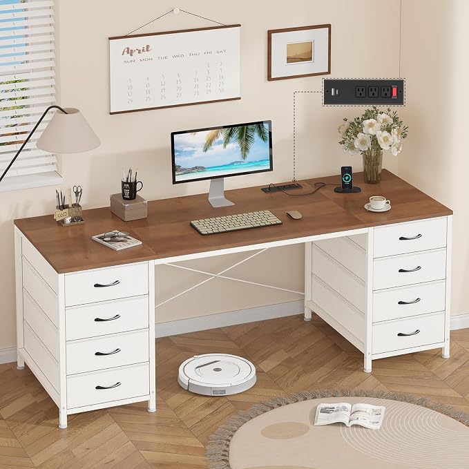 60 Inch Computer Desk with 8 Drawers for Home Office, Bedroom, Living Room | Home Office Desk with Power Outlets, Work Study Gaming Desk with 8 Fabric Drawers, Brown & White