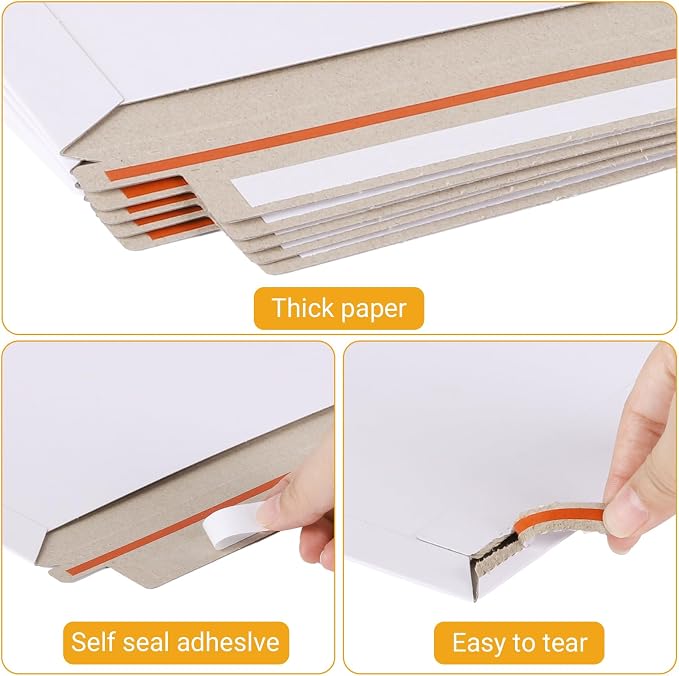 zmybcpack 100 Pack 6.3"x9.8" Rigid Mailer Self Seal Photo Document Mailer | White Stay Flat Cardboard Envelopes, For CD, Photos, Document, Postcard