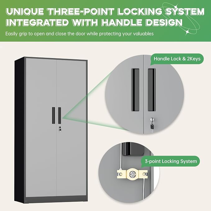 Metal Storage Cabinet with Lock, 71" H with 2 Doors and 4 Adjustable Shelves, Locking Garage Cabinet for Home Office, Kitchen, Bathroom, 16" D x 32" W x 72" H (Black Grey)