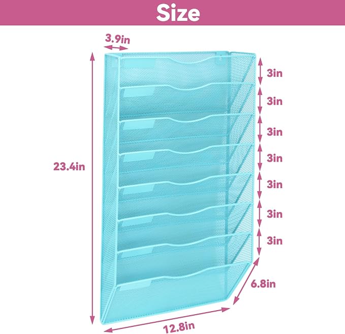 8 Pockets Mesh Wall File Holder Organizer Office Hanging File Folder Magazine Rack, Nametag Label Hooks Set Included (Blue)